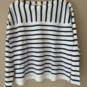 Eileen Fisher striped sweater.  Navy and white with shoulder button detail.